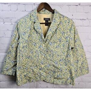 Van Heusen Floral 3/4 Sleeve Blue Yellow Floral Blazer Women’s Size Lg Pockets